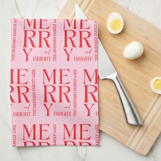 2025 Modern Merry and Bright Red Pink Christmas キッチンタオル (四つ折り)