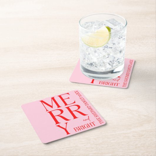 2025 Modern Merry and Bright Red Pink Christmas スクエアペーパーコースター (インサイチュ)