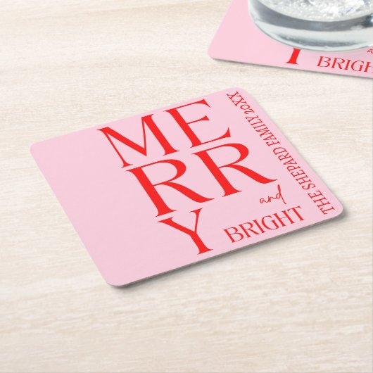 2025 Modern Merry and Bright Red Pink Christmas スクエアペーパーコースター (アングル)