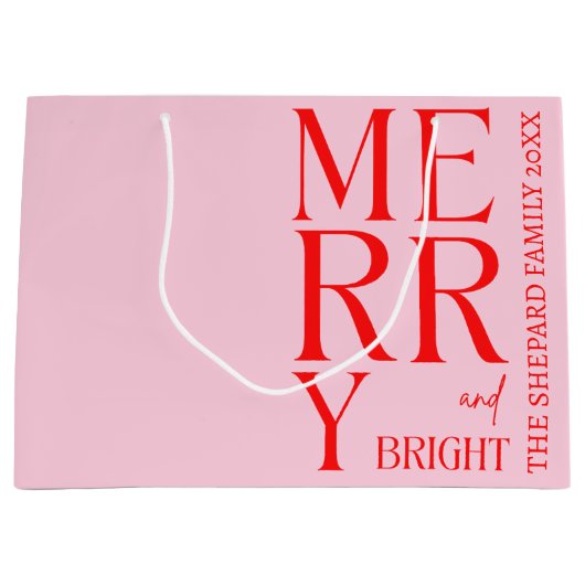 2025 Modern Merry and Bright Red Pink Christmas ラージペーパーバッグ (正面)