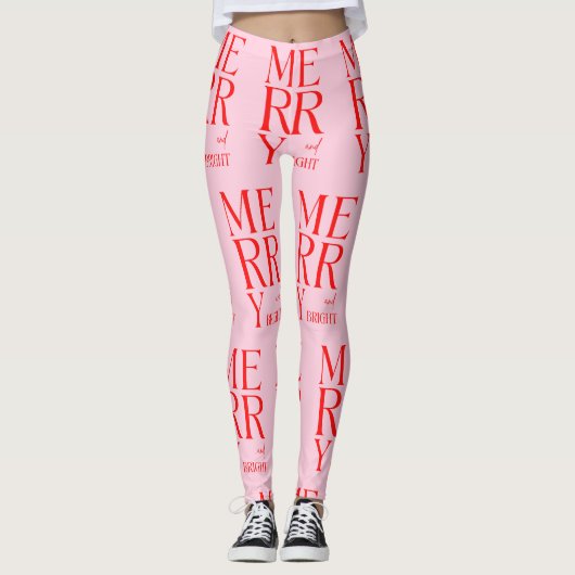 2025 Modern Merry and Bright Red Pink Christmas レギンス (正面)