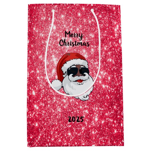 2025 Personalized Black Santa Holiday Gift Bag ミディアムペーパーバッグ (正面)