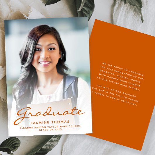 2025 Photo Burnt Orange Script Grad Announcement 招待状