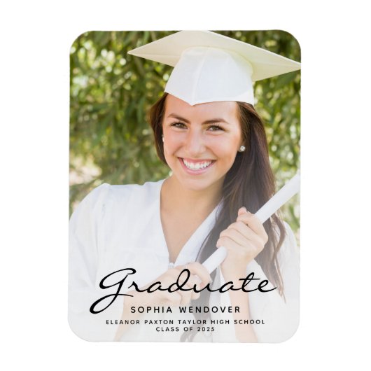 2025 Photo White Black Script Grad Announcement マグネット (縦)