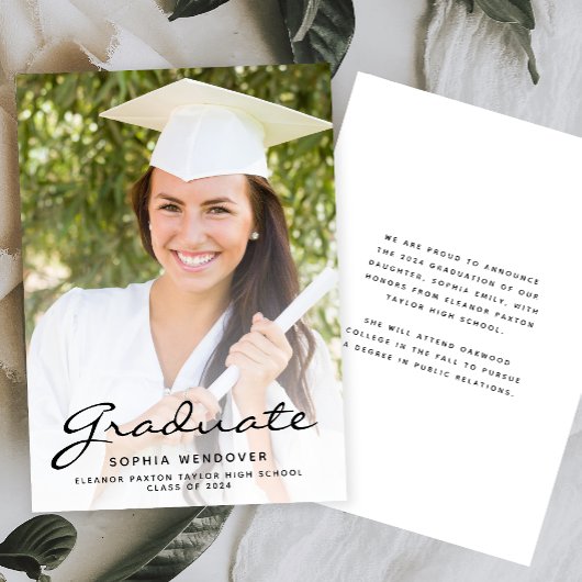 2025 Photo White Black Script Grad Announcement 招待状