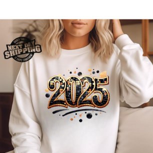 2025 Png、昇華デザイン、金ゴールドブラックグリッター Tシャツ