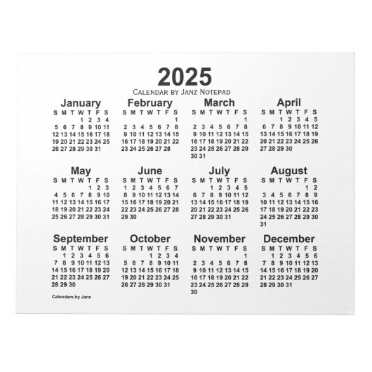 2025 White Calendar by Janz 11x8.5 Notepad ノートパッド (正面)