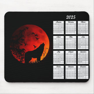 2025 Wolf Silhouette and Blood Moon Calendar マウスパッド