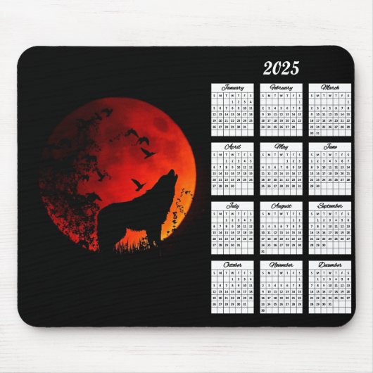 2025 Wolf Silhouette and Blood Moon Calendar マウスパッド (正面)
