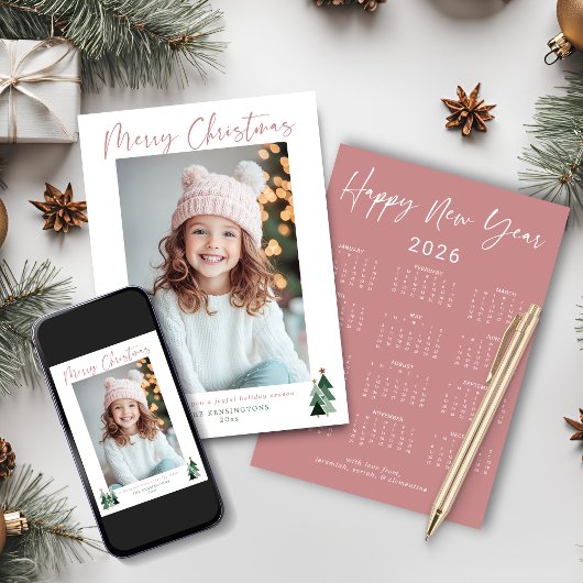 2026かわいいピンクの緑のクリスマスツリー写真カレンダー シーズンカード