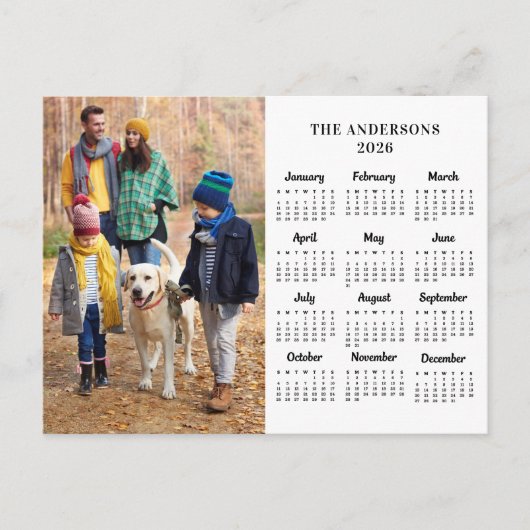 2026カスタム年の写真と家族の名前12ヶ月カレンダー シーズンポストカード (正面)