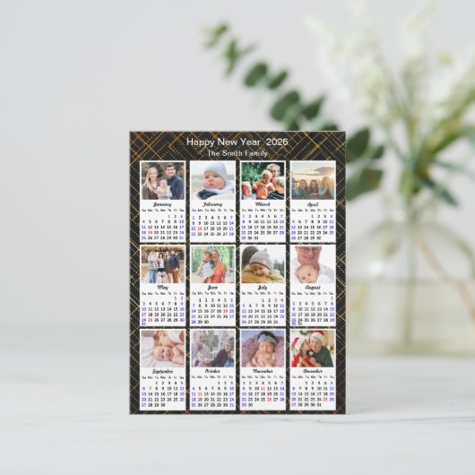 2026カレンダファミリー12フォトブラックモダン金ゴールド シーズンポストカード (スタンド正面)