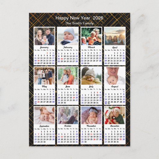 2026カレンダファミリー12フォトブラックモダン金ゴールド シーズンポストカード (正面)