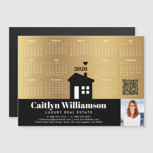 2026カレンダー金ゴールド不動産仲介業者写真QRコードマグネット (正面/裏面)