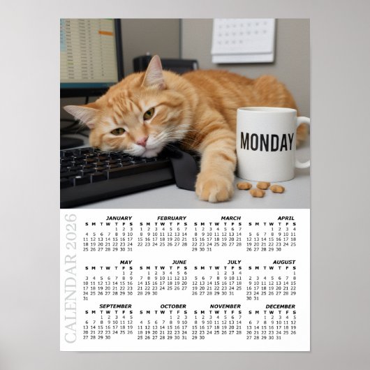 2026カレンダー、月曜日やる気 - オフィスで楽しい猫たち ポスター (正面)