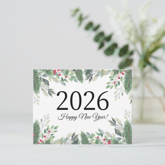 2026ハッピーニューイヤー、ホリデー緑の赤い果実 ポストカード (スタンド正面)
