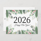 2026ハッピーニューイヤー、ホリデー緑の赤い果実 ポストカード (正面/裏面)