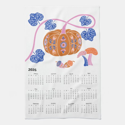 2026フォークアートコテージコアパンプキンパッチカレンダー キッチンタオル (縦)