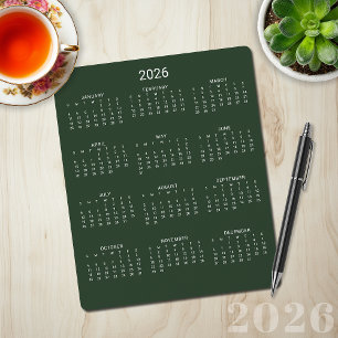 2026ミニマルモダンリストフォレストグリーンカレンダー マウスパッド