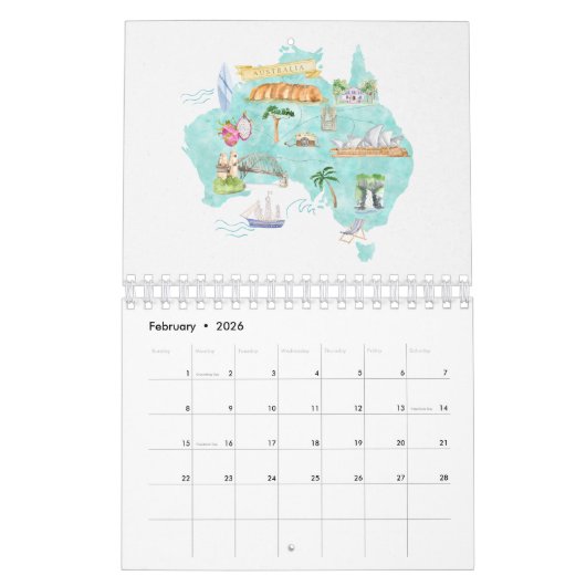 2026世界の水彩国マップ旅行 カレンダー (2月 2026)