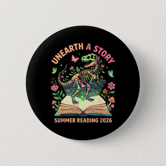 2026夏の図書館読み物「Unearth a Story」恐竜 缶バッジ (正面)