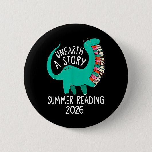 2026夏の読書で恐竜の本を掘り出そう 缶バッジ (正面)