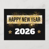2026年おめでとう！光沢のある星金ゴールドと黒 ポストカード (正面)