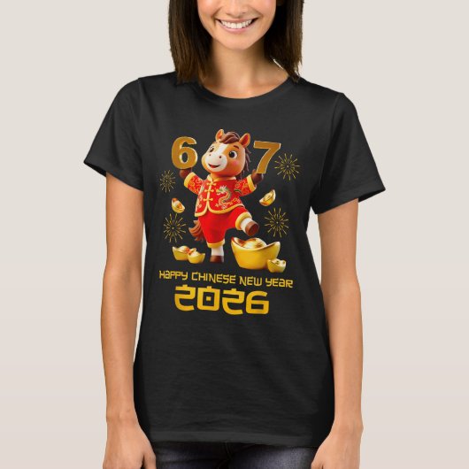 2026年お正月馬の面白いイラスト 6 7 Meme 6 Tシャツ (正面)