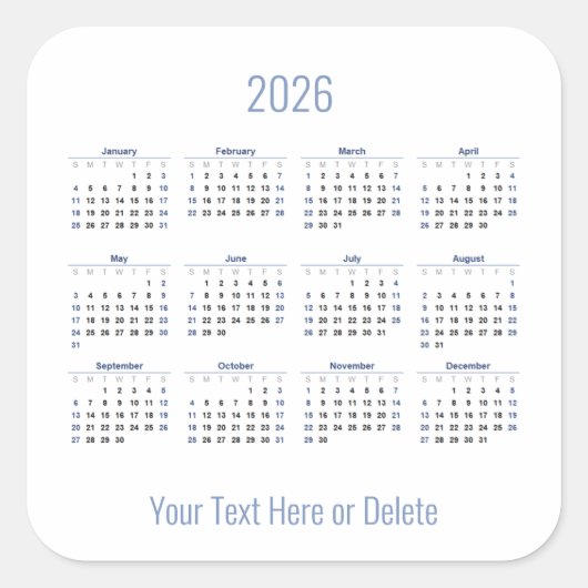 2026年のカスタム文字の月次最下位カレンダー スクエアシール (正面)