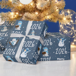 2026年のメリークリスマスと雪だるま ラッピングペーパー