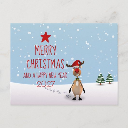2026年の楽しいクリスマスと新年のトナカイ ツリー ポストカード (正面)