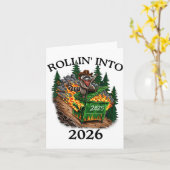 2026年へゴミ箱の炎とともに転がり込む新年パーティーの楽しみ カード (黄色い花)