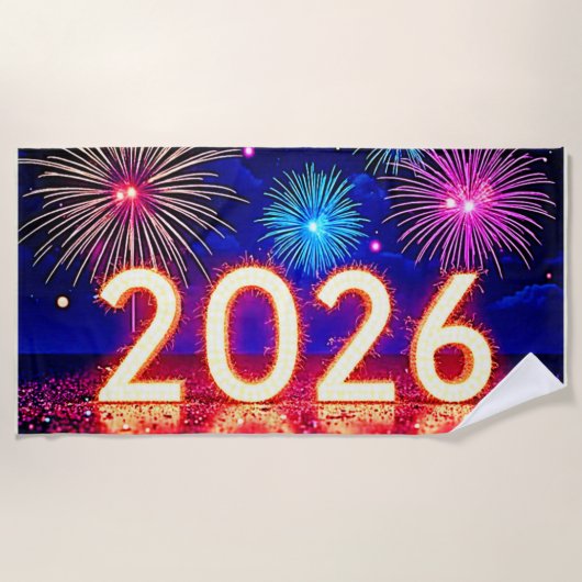 2026年をお祝いしよう: 明るい未来のスパークデザイン ビーチタオル (正面)
