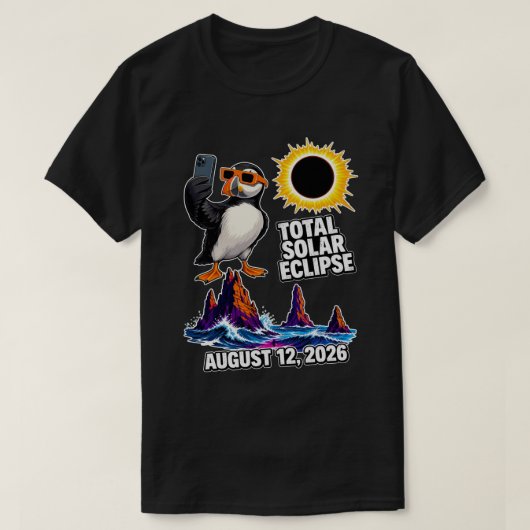 2026年アイスランド皆既日食のパフィン自撮り Tシャツ (デザイン正面)