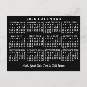 2026年カレンダー月間クラシックブラック&ホワイト ポストカード
