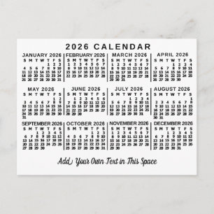2026年カレンダー月間クラシックホワイトブラック ポストカード