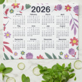 2026年カレンダー紫と赤の花柄 キッチンタオル (折り畳み)