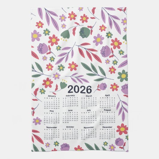 2026年カレンダー紫と赤の花柄 キッチンタオル (縦)