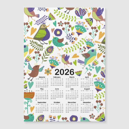 2026年カレンダー緑と青の鳥花 (正面)