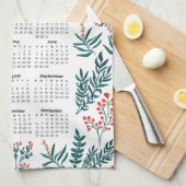 2026年カレンダー離れ緑の花と赤の花 キッチンタオル (四つ折り)