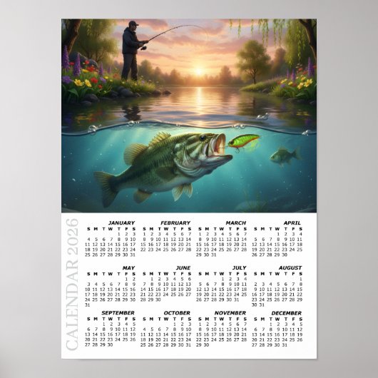2026年カレンダー、バスフィッシング、春の川 / 魚 ポスター (正面)