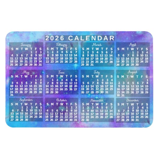 2026年カレンダー ブルーの水彩と星 マグネット (横)