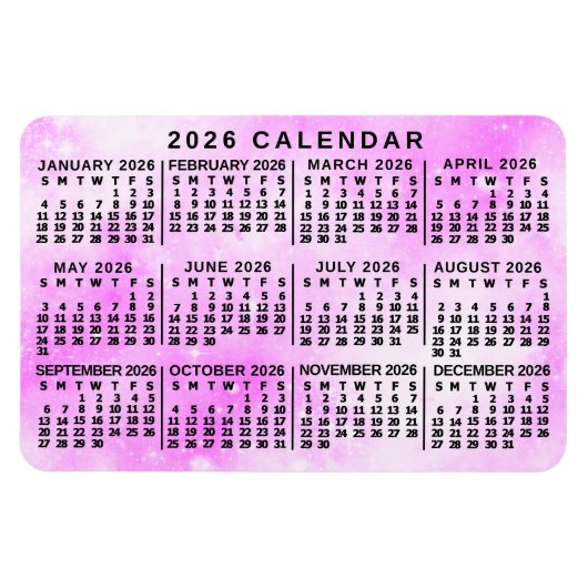 2026年カレンダー 月間 ピンク 水彩 スター マグネット (横)