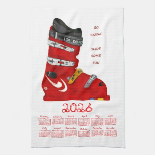 2026年カレンダー 楽しいスキー スキーブーツ キッチンタオル (縦)