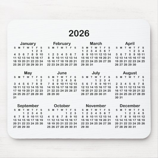 2026年カレンダー 白と黒 マウスパッド (正面)