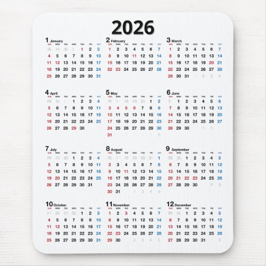 2026年カレンダー 白地 マウスパッド (正面)