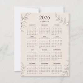 2026年カレンダー 花の線画 ミニマリスト ポストカード