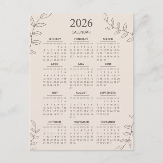 2026年カレンダー 花の線画 ミニマリスト ポストカード (正面)