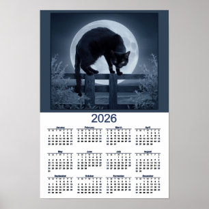 2026年カレンダー 黒猫のフェンスと満月 ポスター