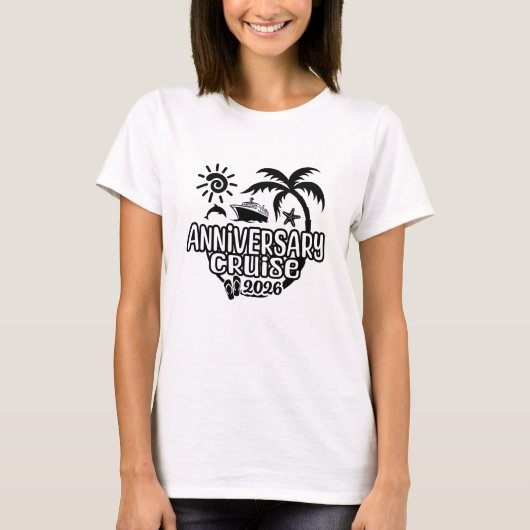 2026年クルーズ船とヤシの木のアニバーサリークルーズ Tシャツ (正面)